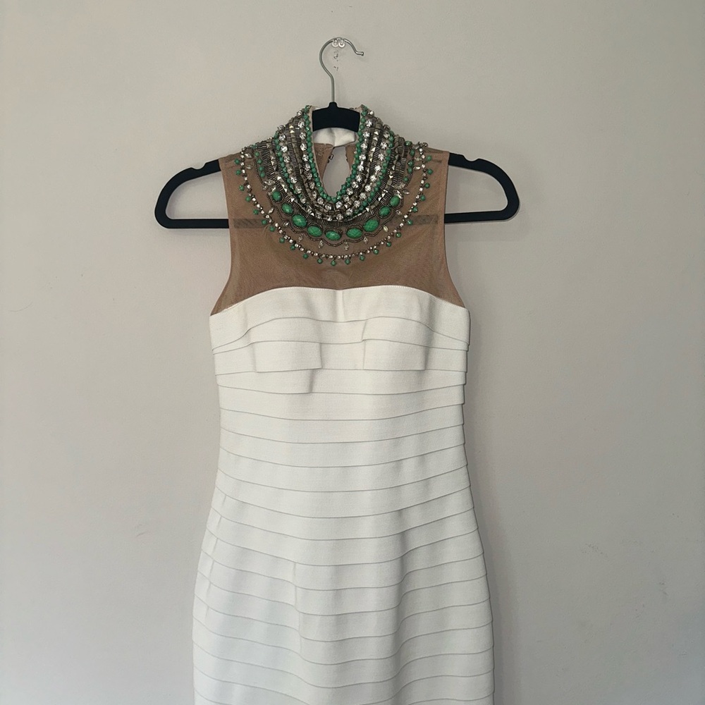 Elegant White and Tan Dress with Beaded Neckline